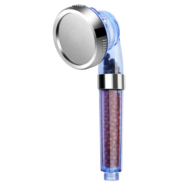 The shower head on white, with the mineral filter cartridge visible through the handle